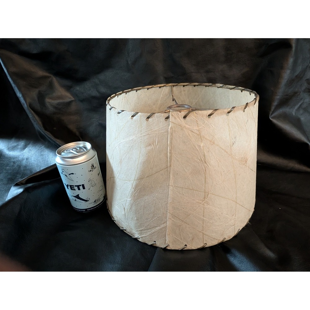 Vintage Mid Century Modern Parchment Fiberglass Whipstitch Drum Lamp Shade 12 in